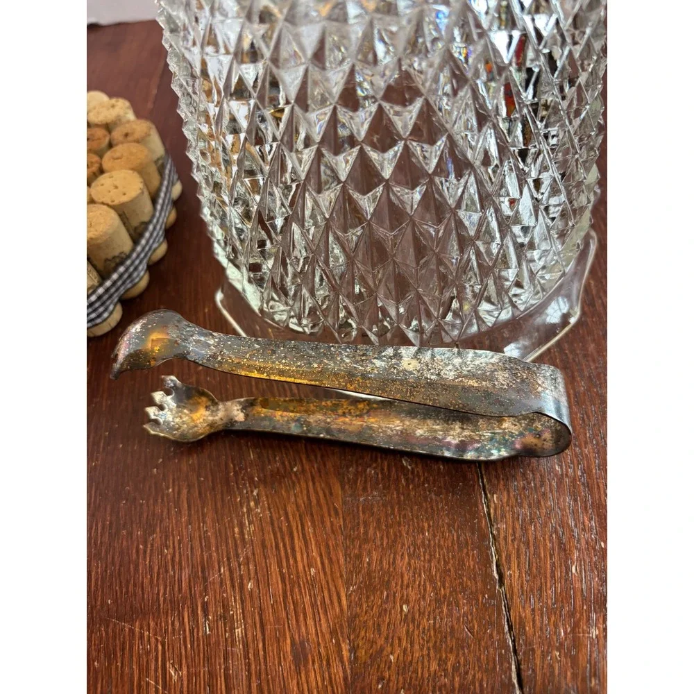 Vintage Diamond Point Pressed Glass Ice Bucket with Silver Tone Claw Tongs Set